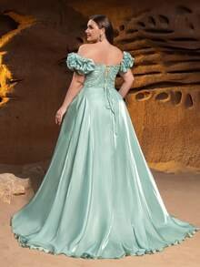 SD3252 Off-Shoulder Floral Ruffle Tulle Gown - UK24 (4XL), Green image