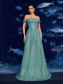 SD3216 Off-Shoulder Shimmering Fish Tail Gown - UK16(XL), Green image