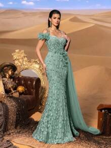 SD3220 Off-Shoulder Pearl & Beaded Slit Gown image 2