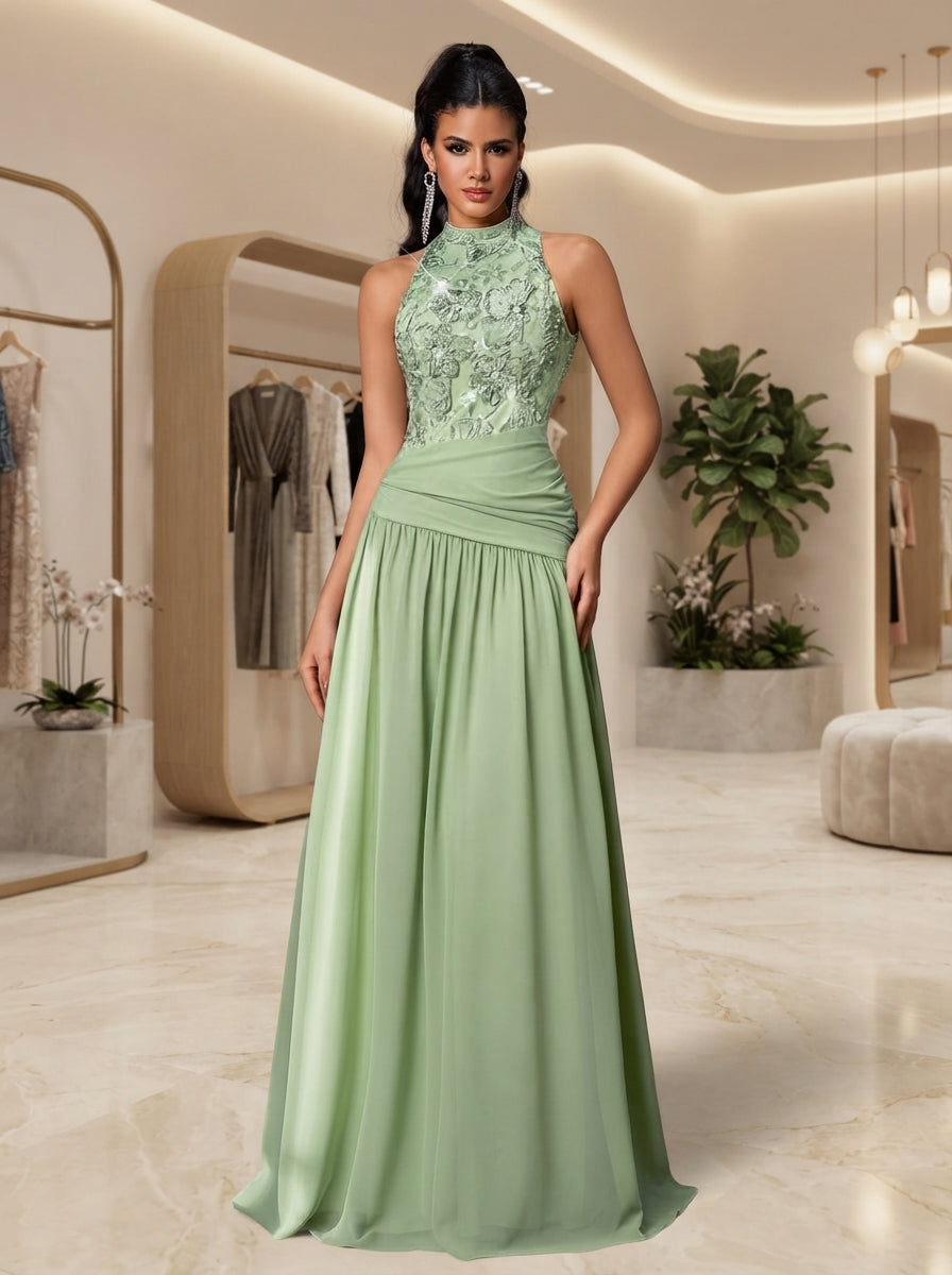 SDE3284 Luxury 3D Floral Sequin Asymmetric Pleated Gown