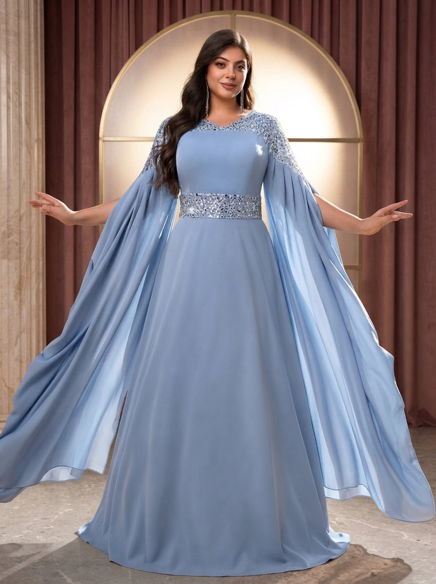 SDE3280 Plus Size Blue Sequin Asymmetrical A-Line Gown