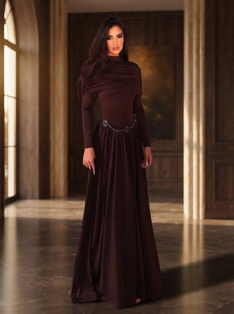 SDE3276 Deep Brown Stretch Knit Off-The-Shoulder Gown with Metallic Embellishments