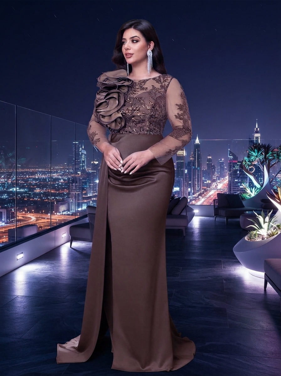SDE3272 Plus Size Olive Green Beaded Taffeta High-Slit Gown