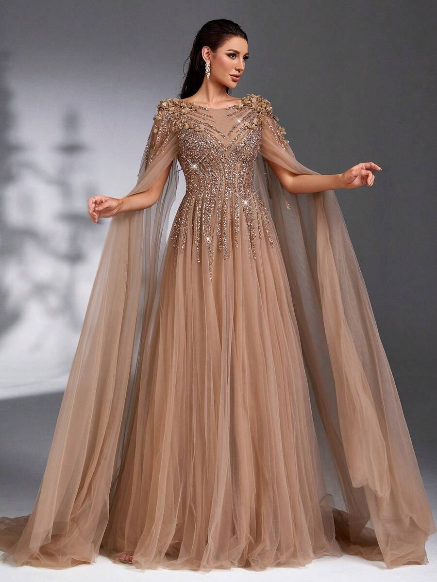 SD3175 Luxe Champagne Tulle Floral Gown