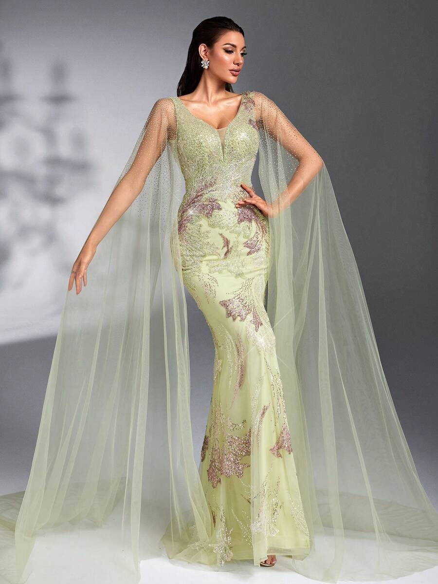 SD3267 Cape Sleeve Sequin Beaded Embroidered Gown