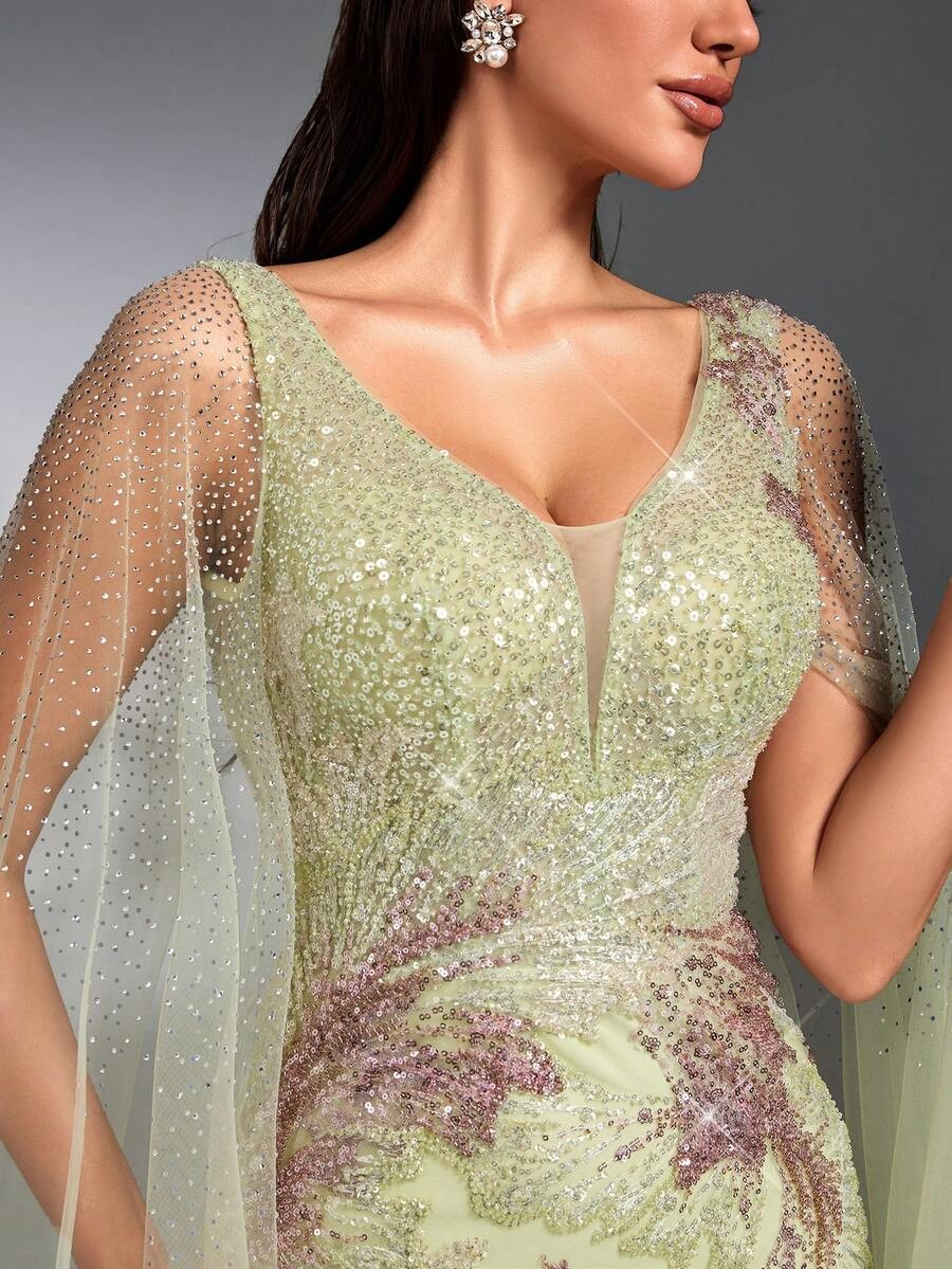 SD3267 Cape Sleeve Sequin Beaded Embroidered Gown