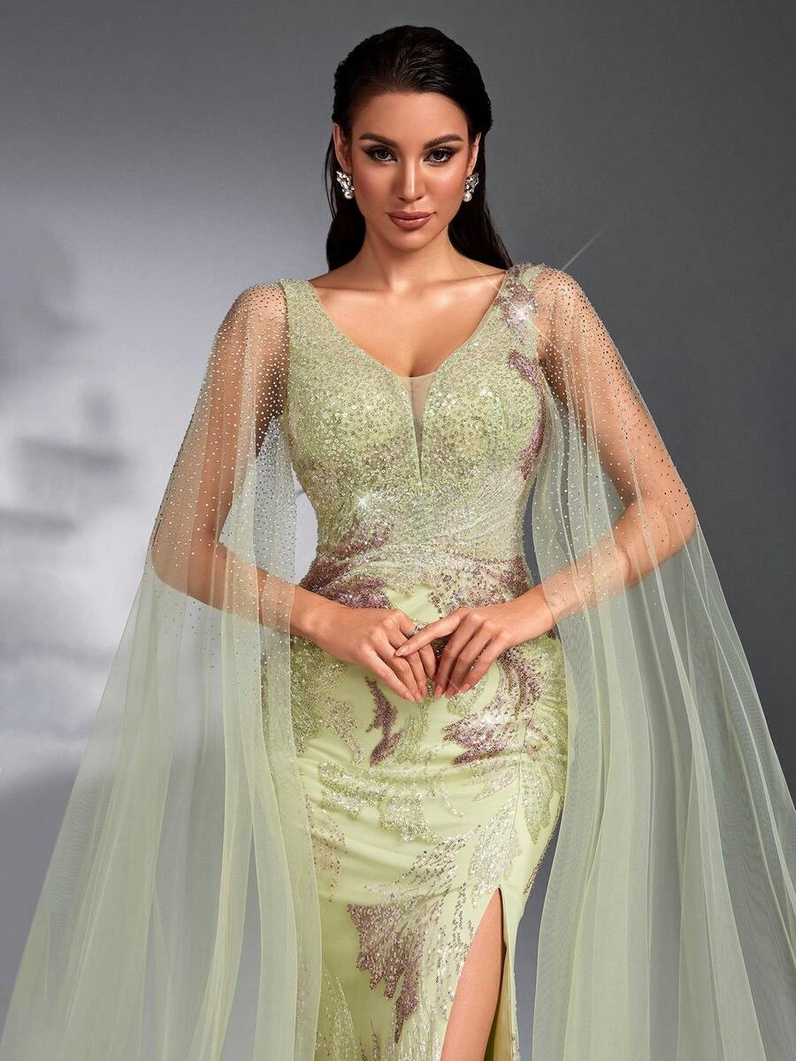SD3267 Cape Sleeve Sequin Beaded Embroidered Gown