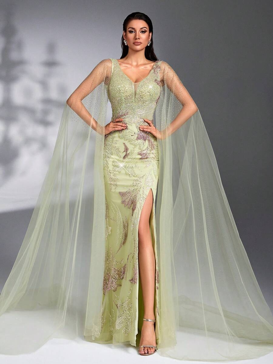 SD3267 Cape Sleeve Sequin Beaded Embroidered Gown