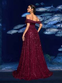 SD3216 Off-Shoulder Shimmering Fish Tail Gown - 12/14 (L), Burgundy image