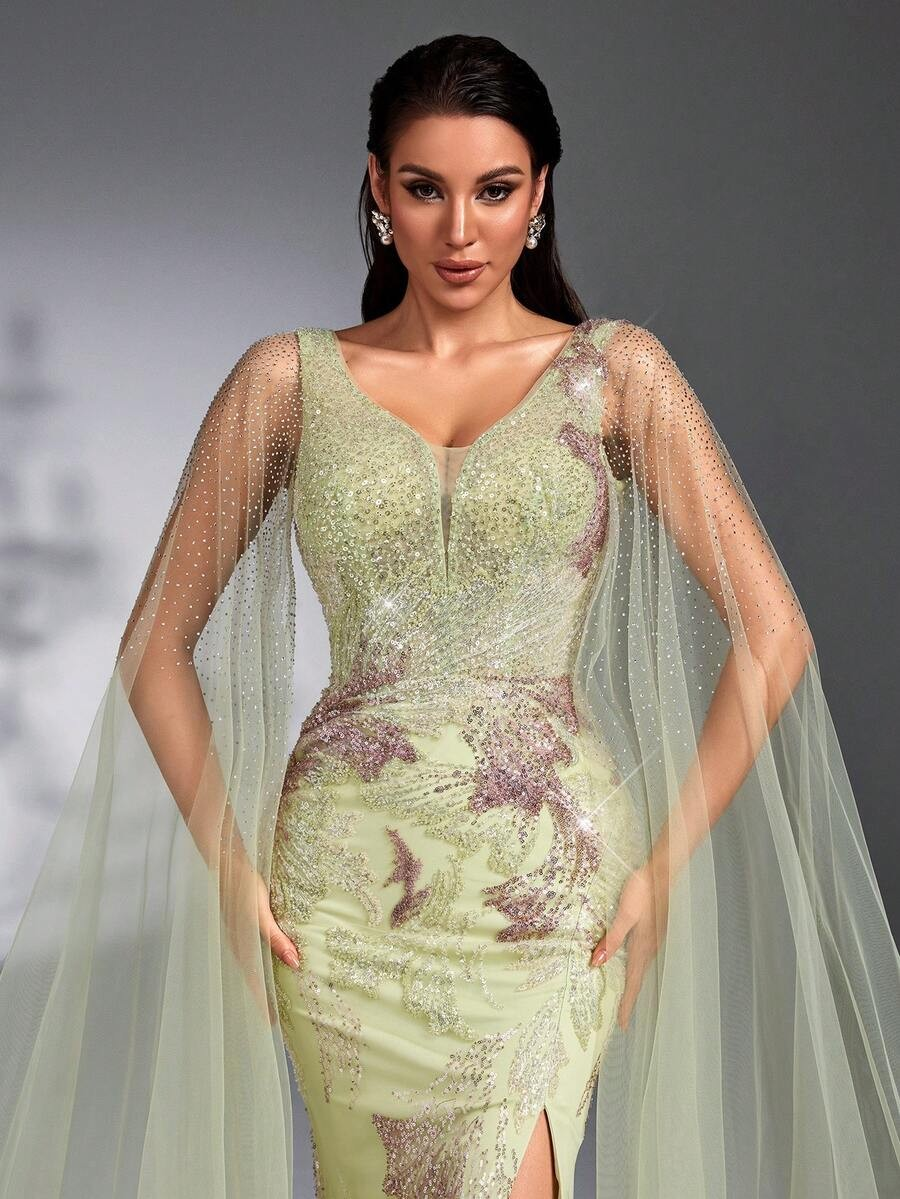 SD3267 Cape Sleeve Sequin Beaded Embroidered Gown
