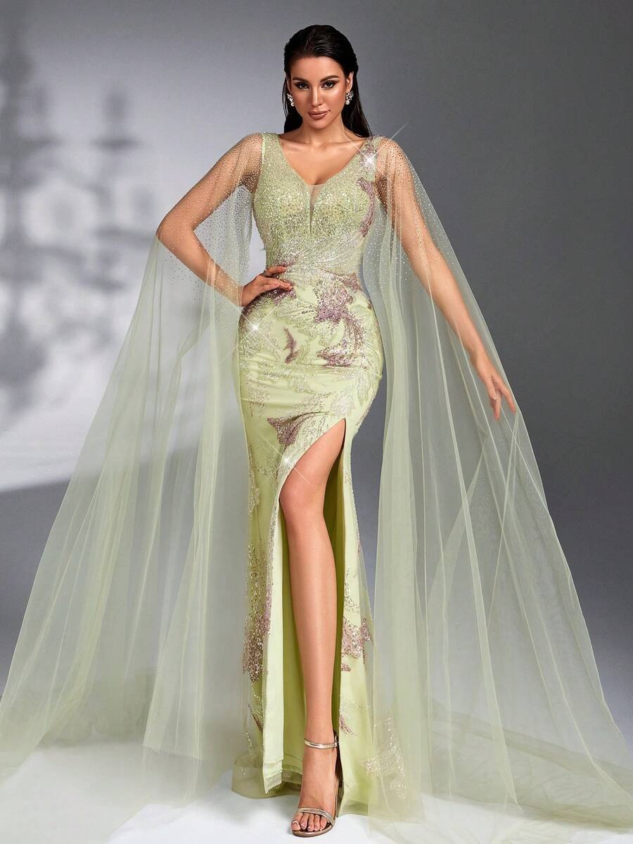 SD3267 Cape Sleeve Sequin Beaded Embroidered Gown