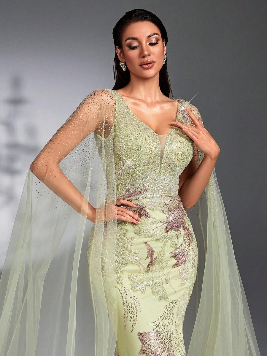 SD3267 Cape Sleeve Sequin Beaded Embroidered Gown