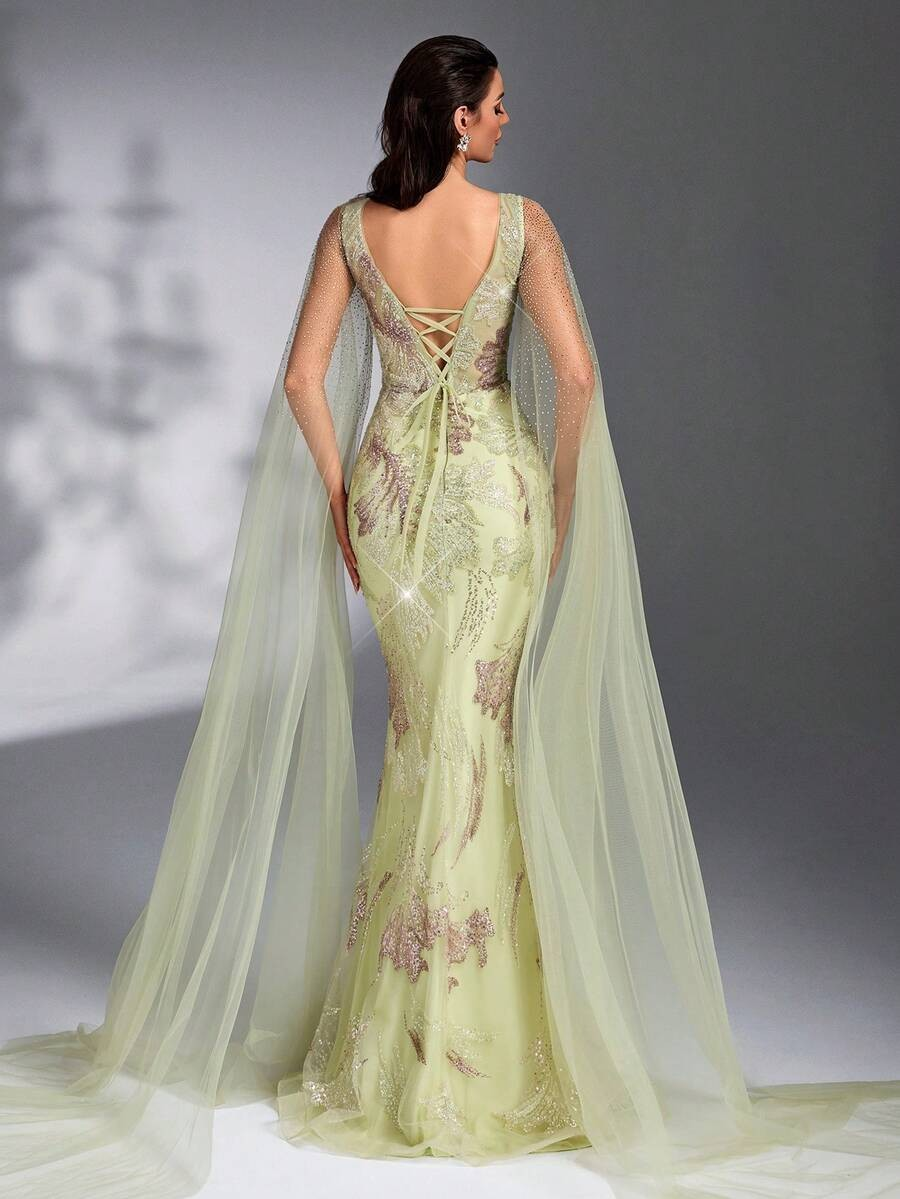SD3267 Cape Sleeve Sequin Beaded Embroidered Gown