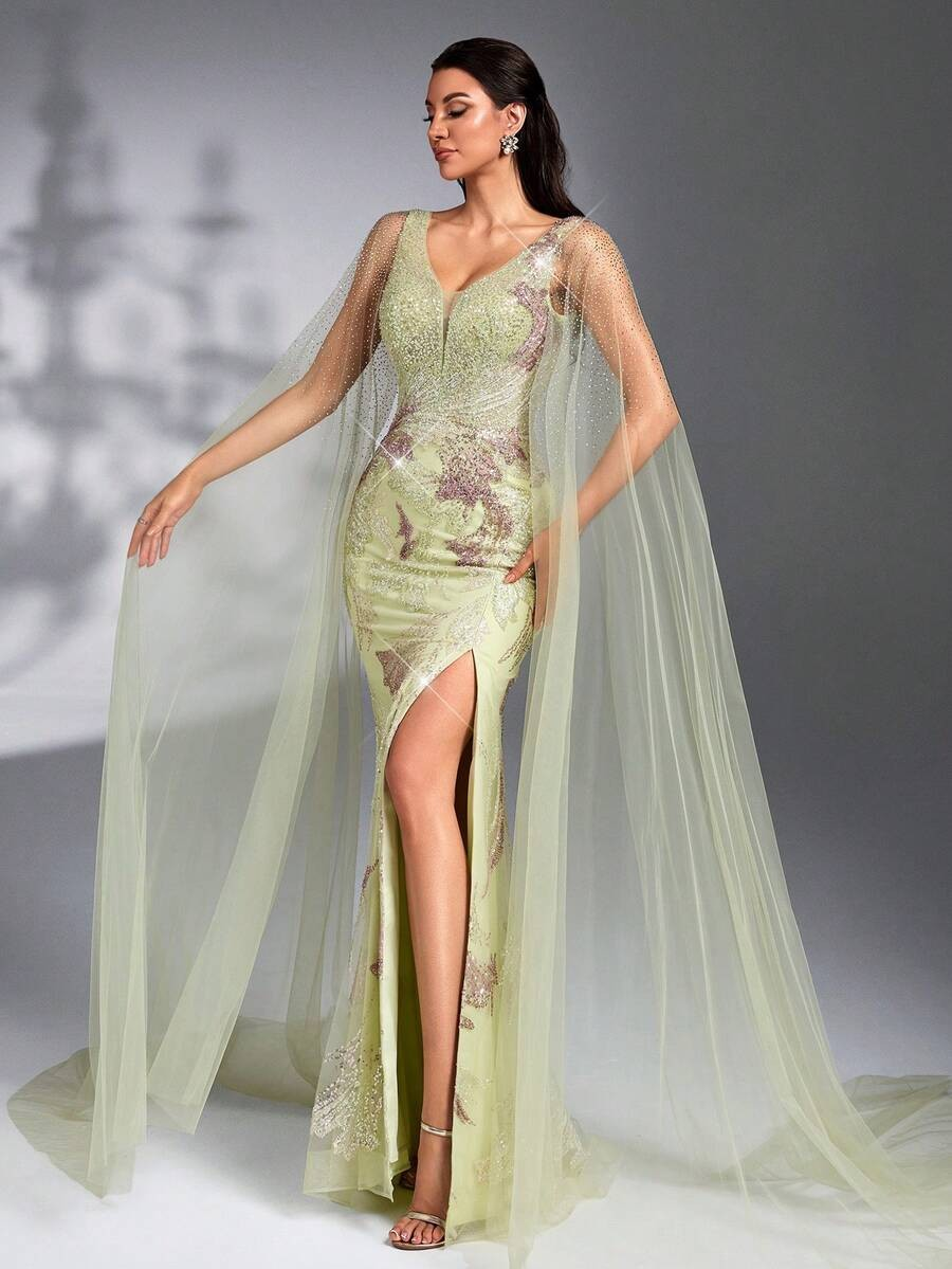 SD3267 Cape Sleeve Sequin Beaded Embroidered Gown