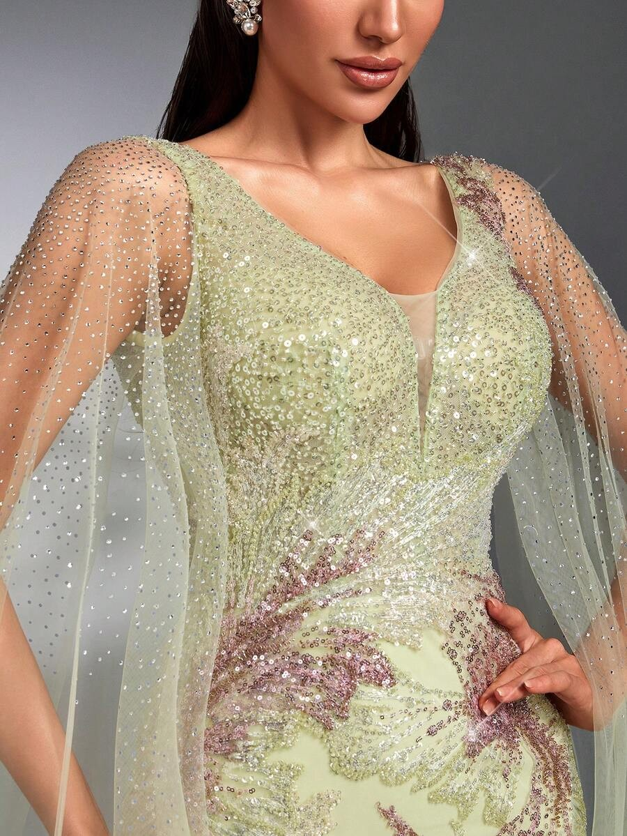 SD3267 Cape Sleeve Sequin Beaded Embroidered Gown