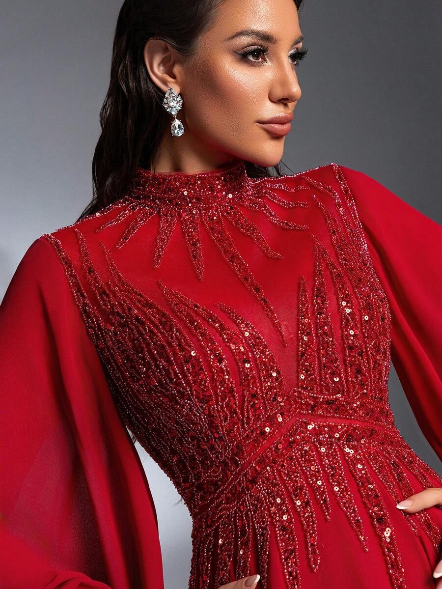 SD3264 Burgundy Stand Collar Lantern Sleeve Gown