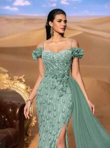 SD3220 Off-Shoulder Pearl & Beaded Slit Gown - UK18(XXL), Green image