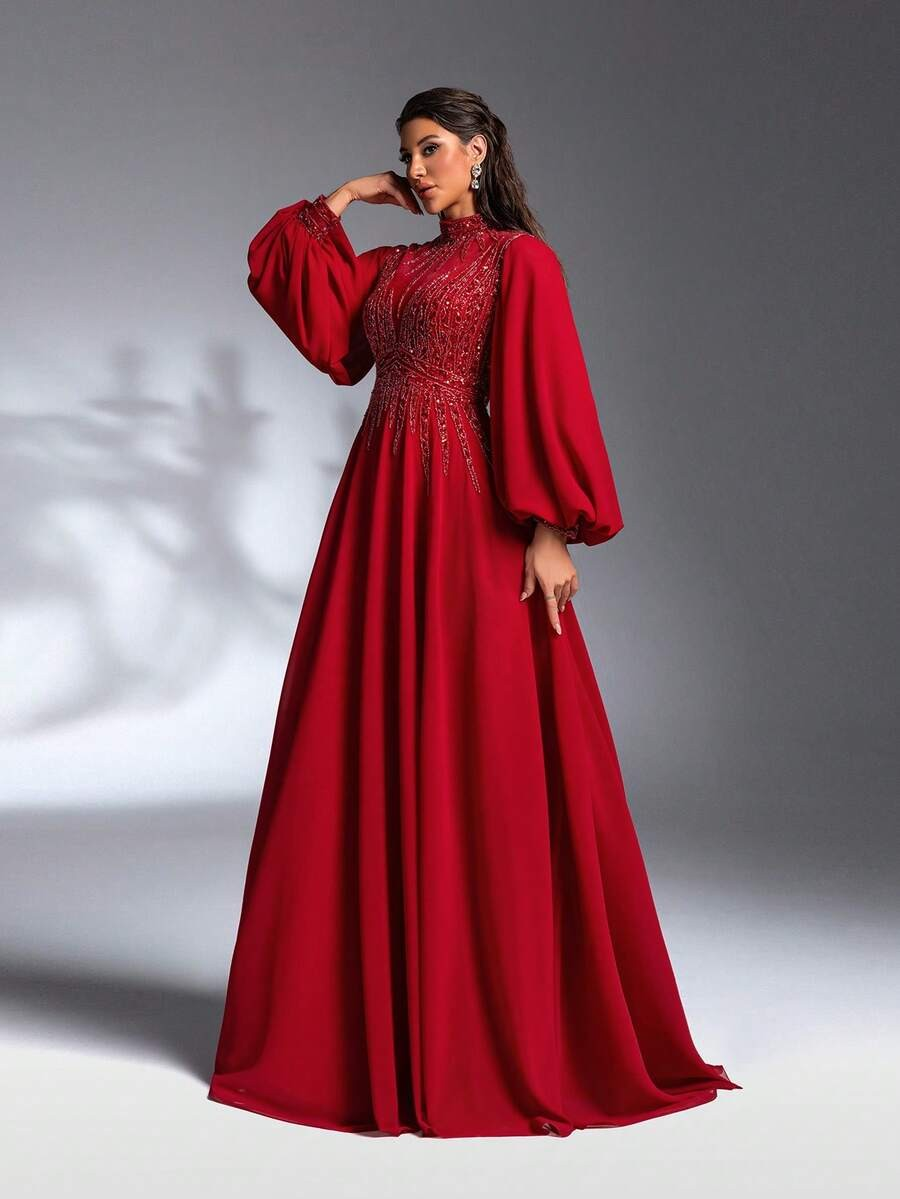 SD3264 Burgundy Stand Collar Lantern Sleeve Gown