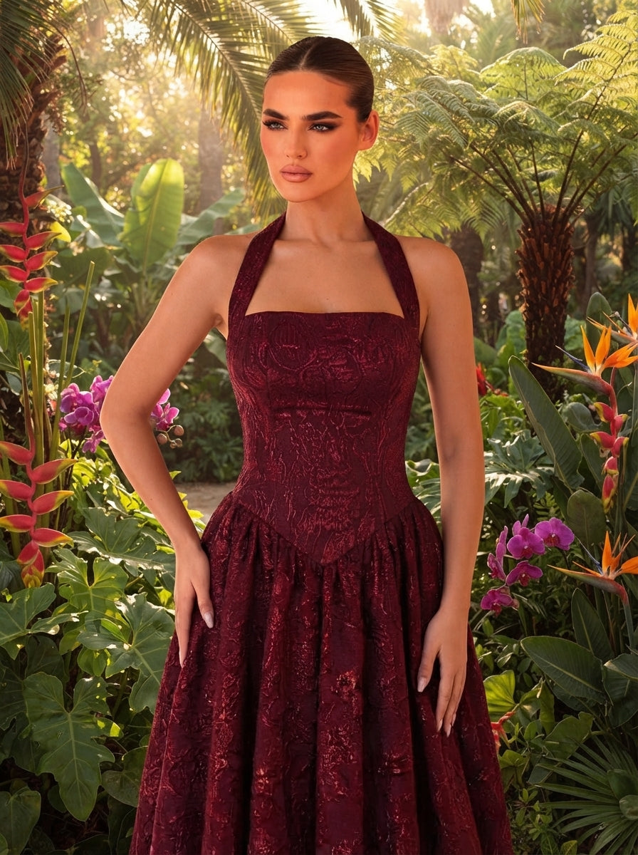 SDE3250 Elegant Burgundy Jacquard Halter Formal Evening Gown