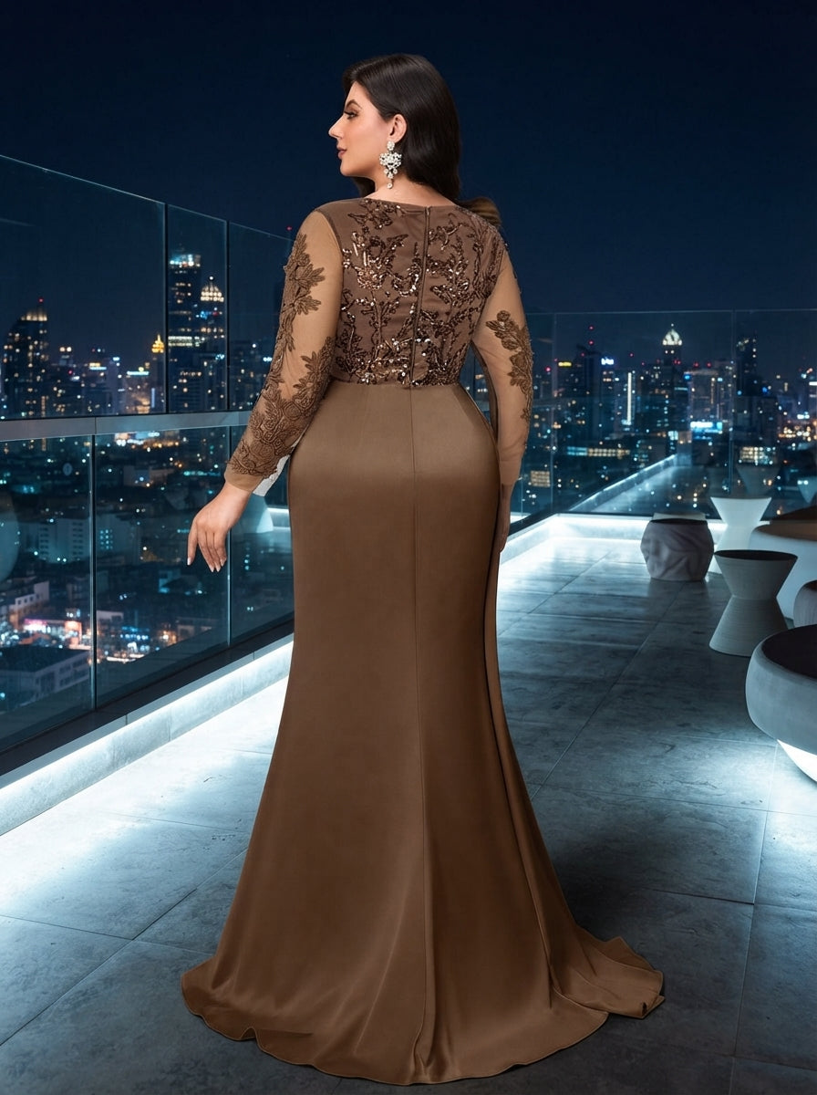 SDE3272 Plus Size Olive Green Beaded Taffeta High-Slit Gown