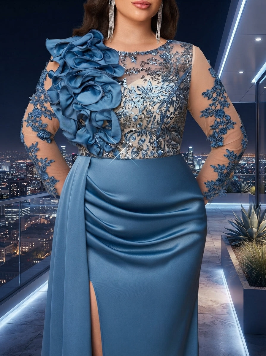SDE3272 Plus Size Olive Green Beaded Taffeta High-Slit Gown