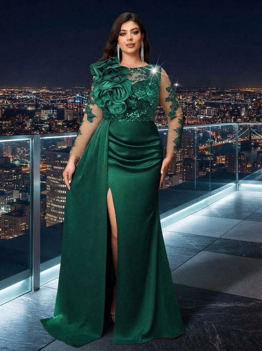 SDE3272 Plus Size Olive Green Beaded Taffeta High-Slit Gown – Stunning Dresses
