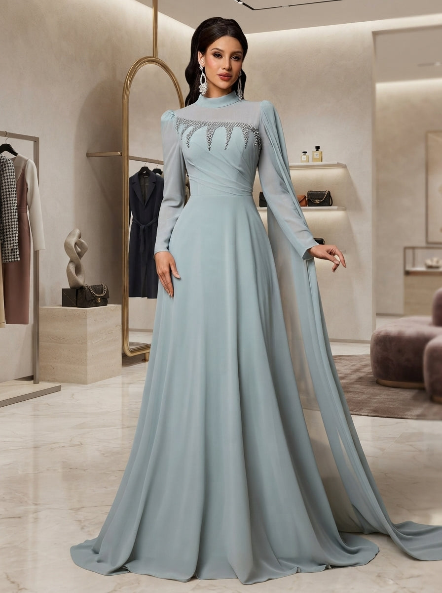 SDE3292 Gray-Green Rhinestone Embellished Chiffon A-Line Gown