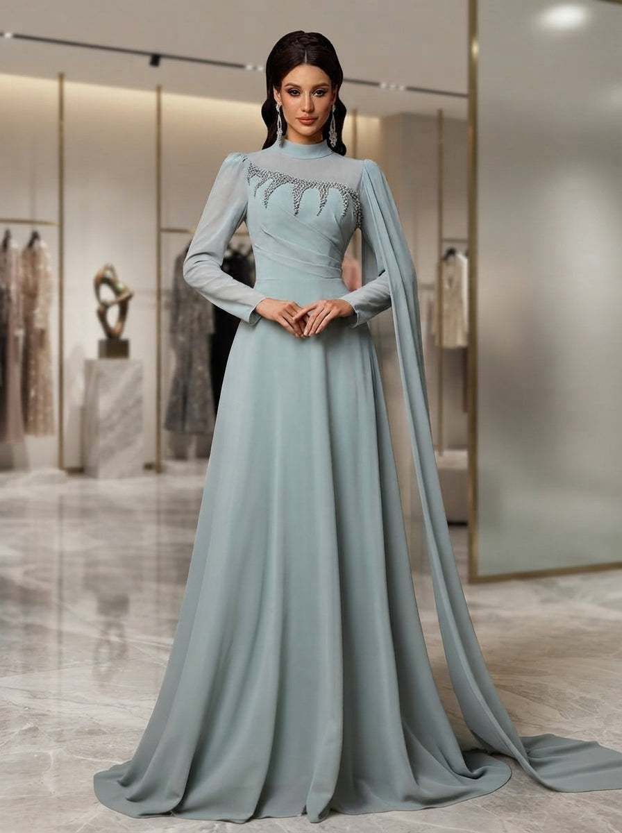 SDE3292 Gray-Green Rhinestone Embellished Chiffon A-Line Gown – Stunning Dresses