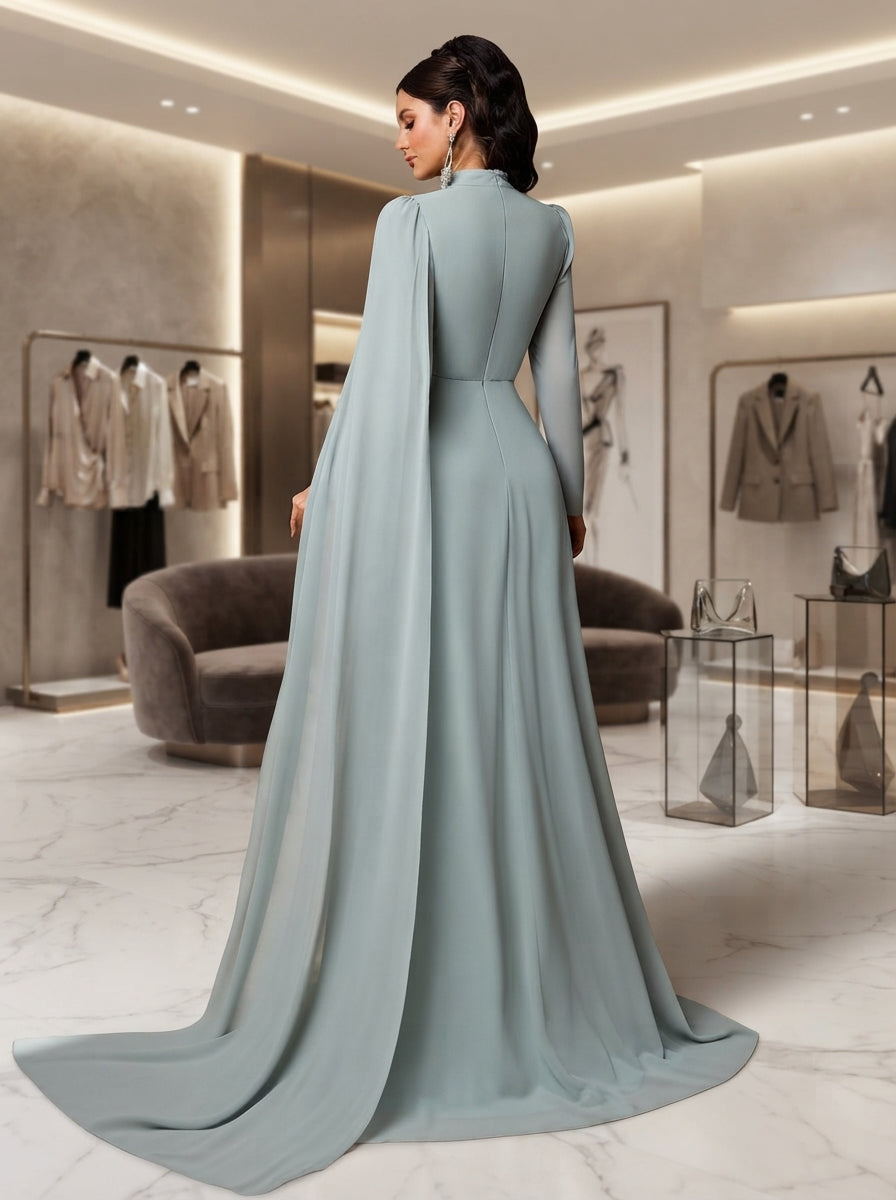 SDE3292 Gray-Green Rhinestone Embellished Chiffon A-Line Gown