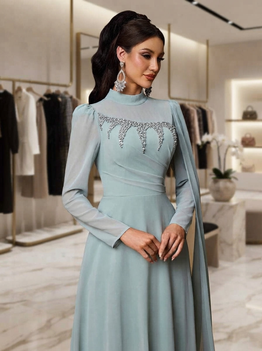 SDE3292 Gray-Green Rhinestone Embellished Chiffon A-Line Gown