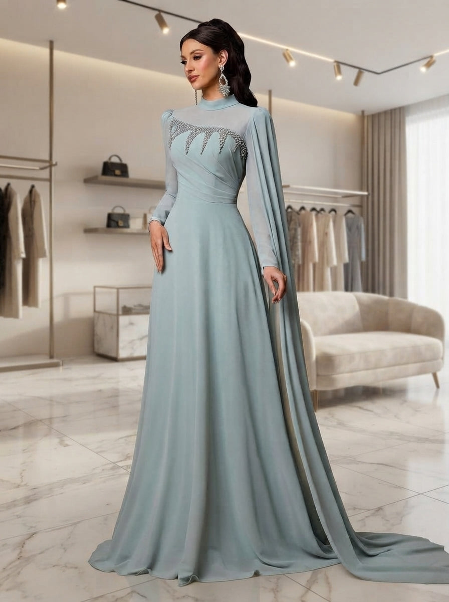 SDE3292 Gray-Green Rhinestone Embellished Chiffon A-Line Gown