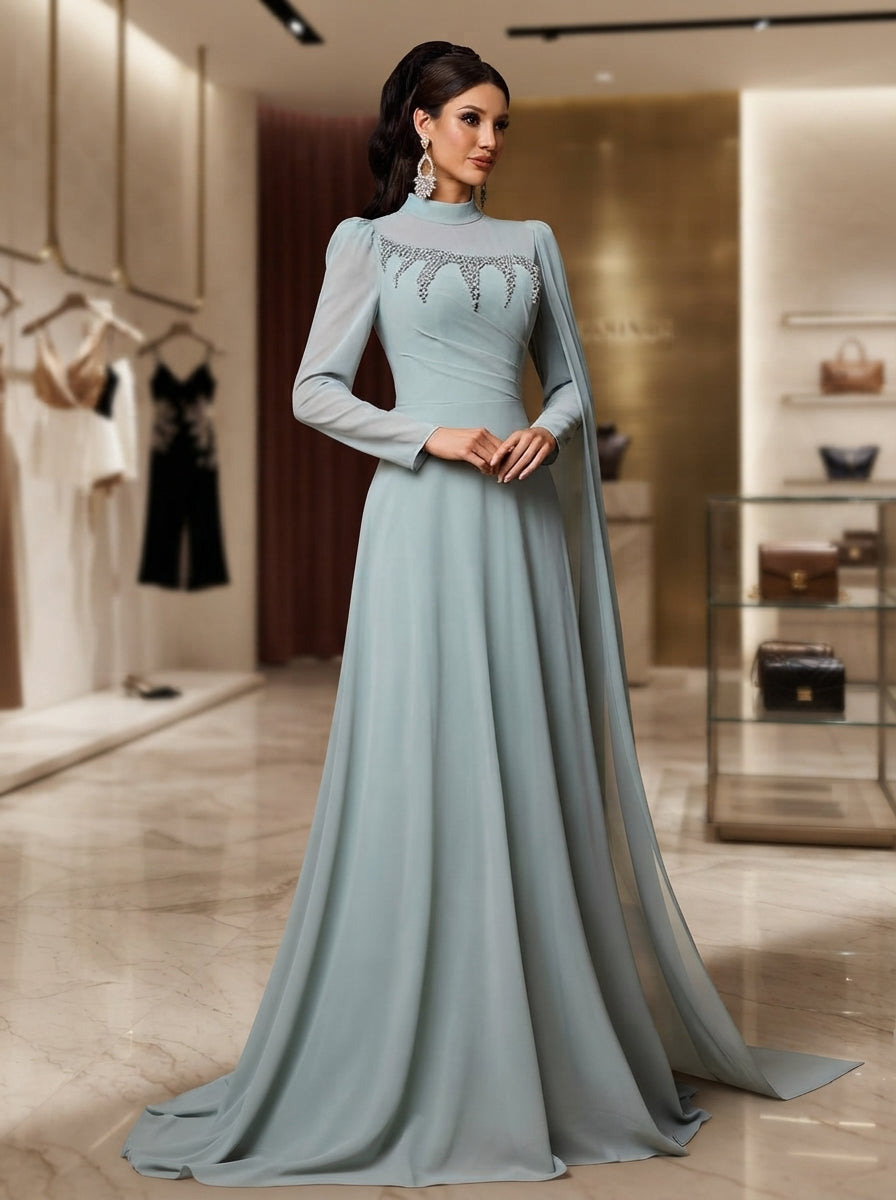 SDE3292 Gray-Green Rhinestone Embellished Chiffon A-Line Gown