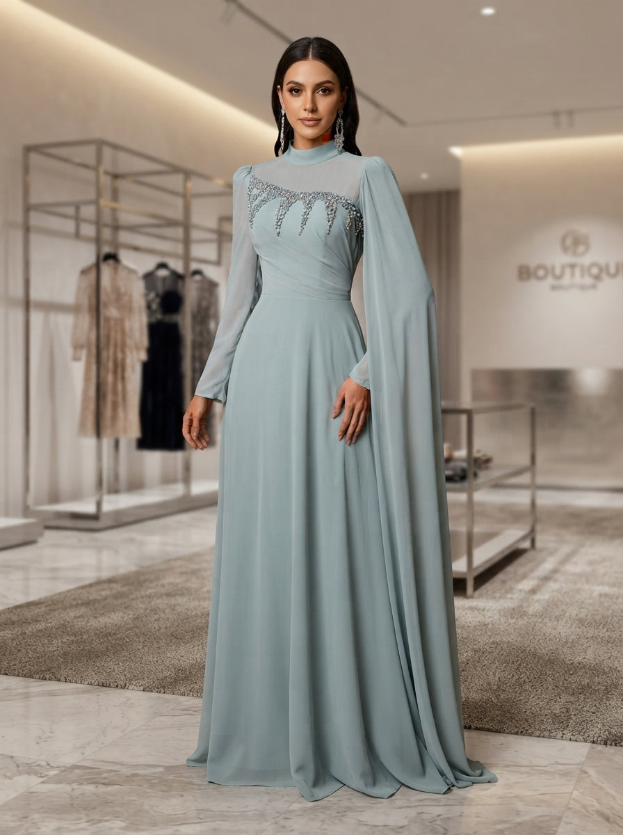 SDE3292 Gray-Green Rhinestone Embellished Chiffon A-Line Gown
