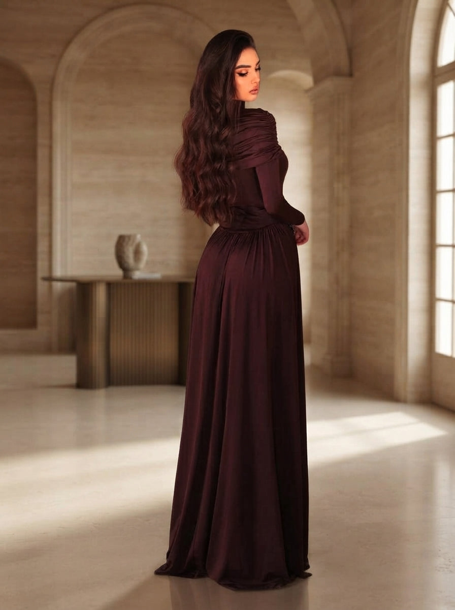 SDE3276 Deep Brown Stretch Knit Off-The-Shoulder Gown with Metallic Embellishments