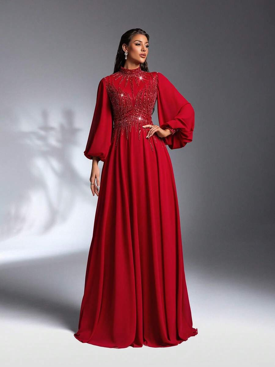 SD3264 Burgundy Stand Collar Lantern Sleeve Gown