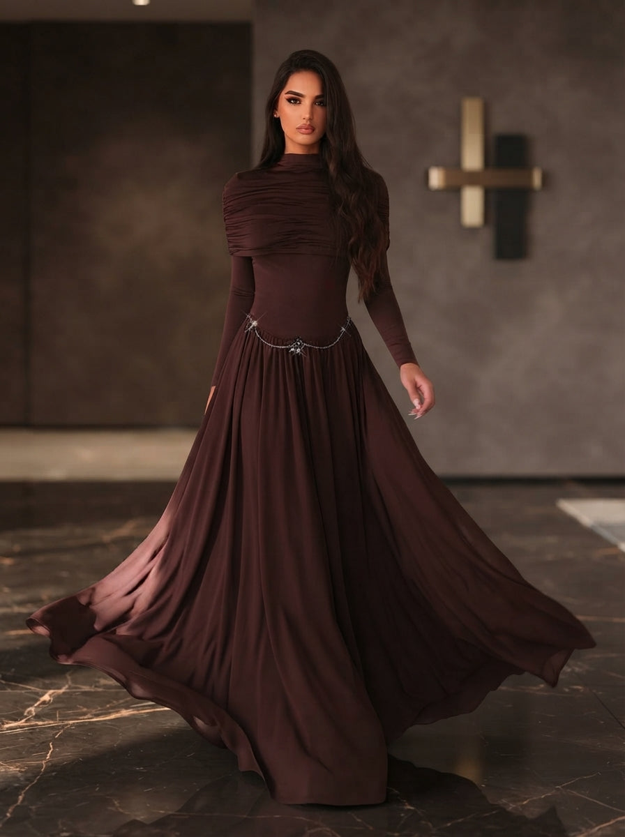SDE3276 Deep Brown Stretch Knit Off-The-Shoulder Gown with Metallic Embellishments