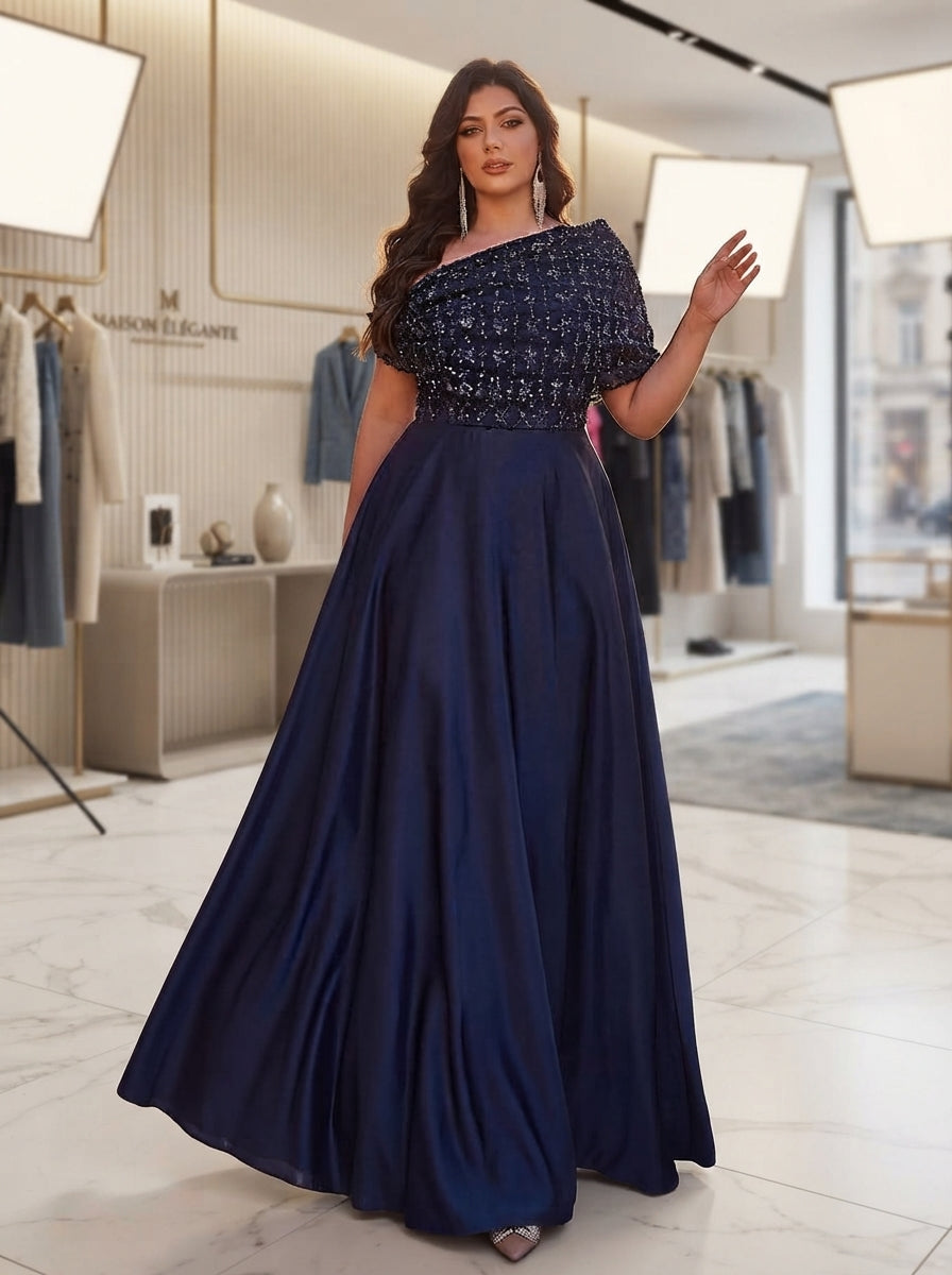 SDE3285 Plus Size Navy Blue Beaded Gown with Metal Buckle & Ruffle Detail