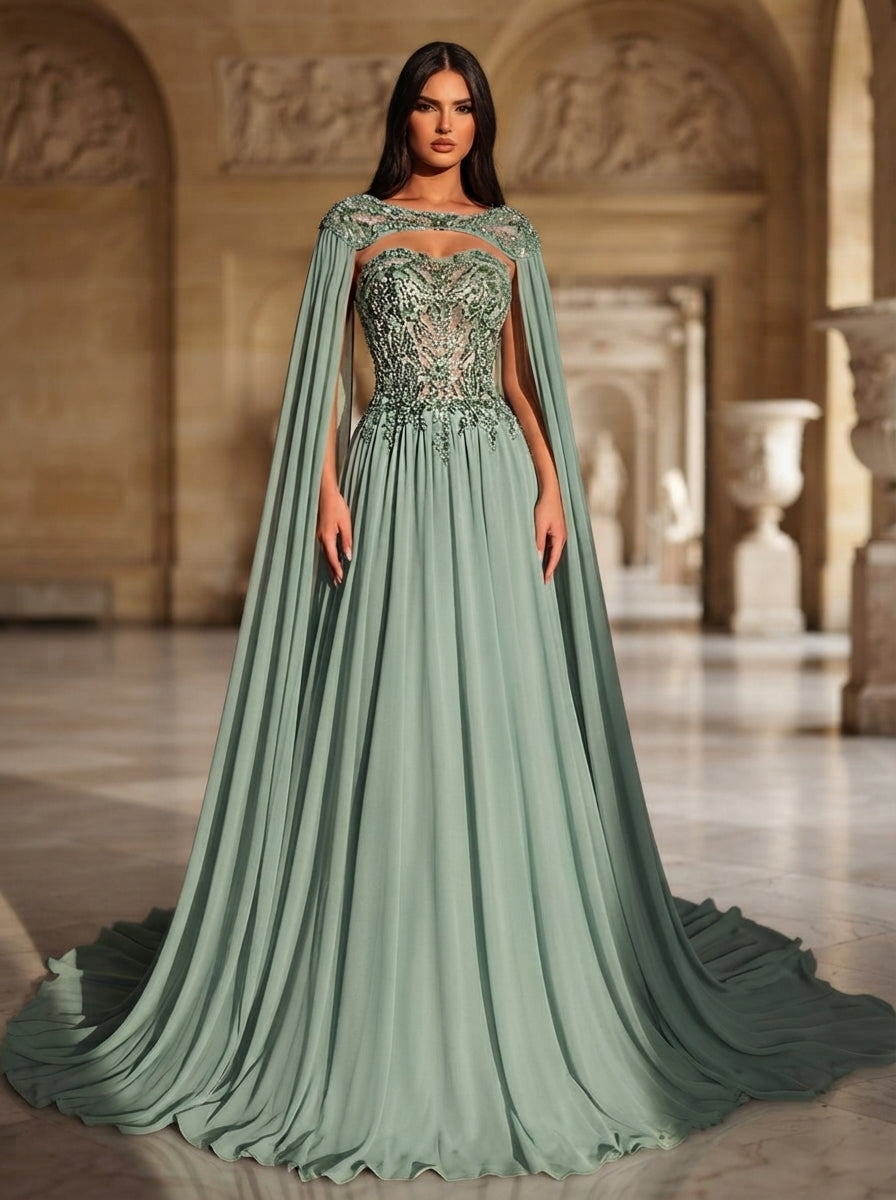SDE3277 Luxury Pearl Beaded Heavily Embellished Chiffon Gown