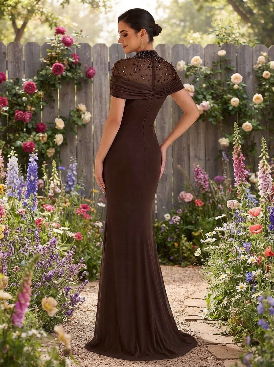 SDE3269 Luxury Diamond Sheer Splice Ruched Fishtail Gown