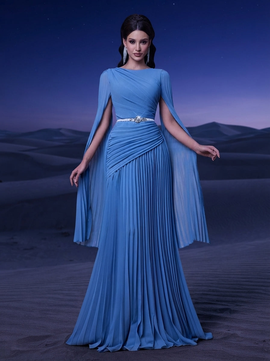 SDE3268 Blue Chiffon Pleated Evening Gown with Detachable Silver Belt