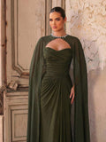 SDE3273 Military Green Stretch Knit & Chiffon Gown with Flowing Shawl