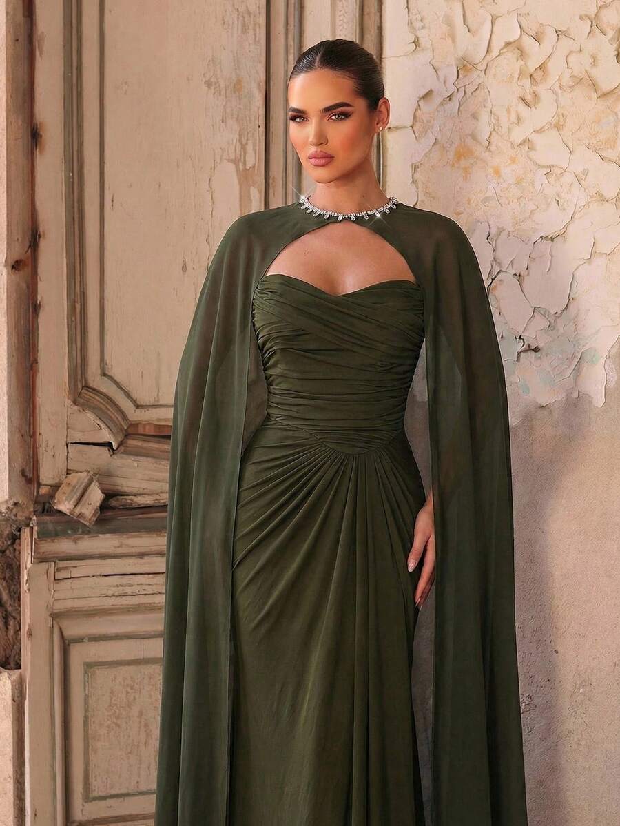 SDE3273 Military Green Stretch Knit & Chiffon Gown with Flowing Shawl