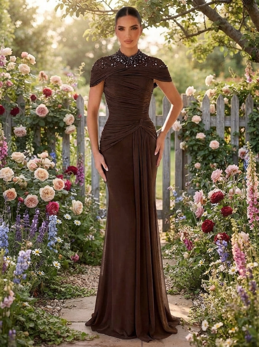 SDE3269 Luxury Diamond Sheer Splice Ruched Fishtail Gown