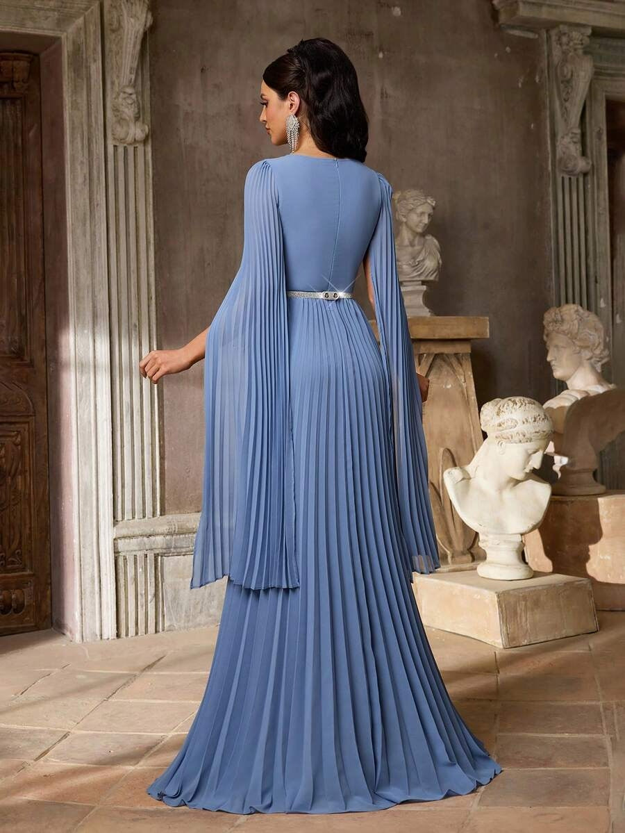 SDE3268 Blue Chiffon Pleated Evening Gown with Detachable Silver Belt
