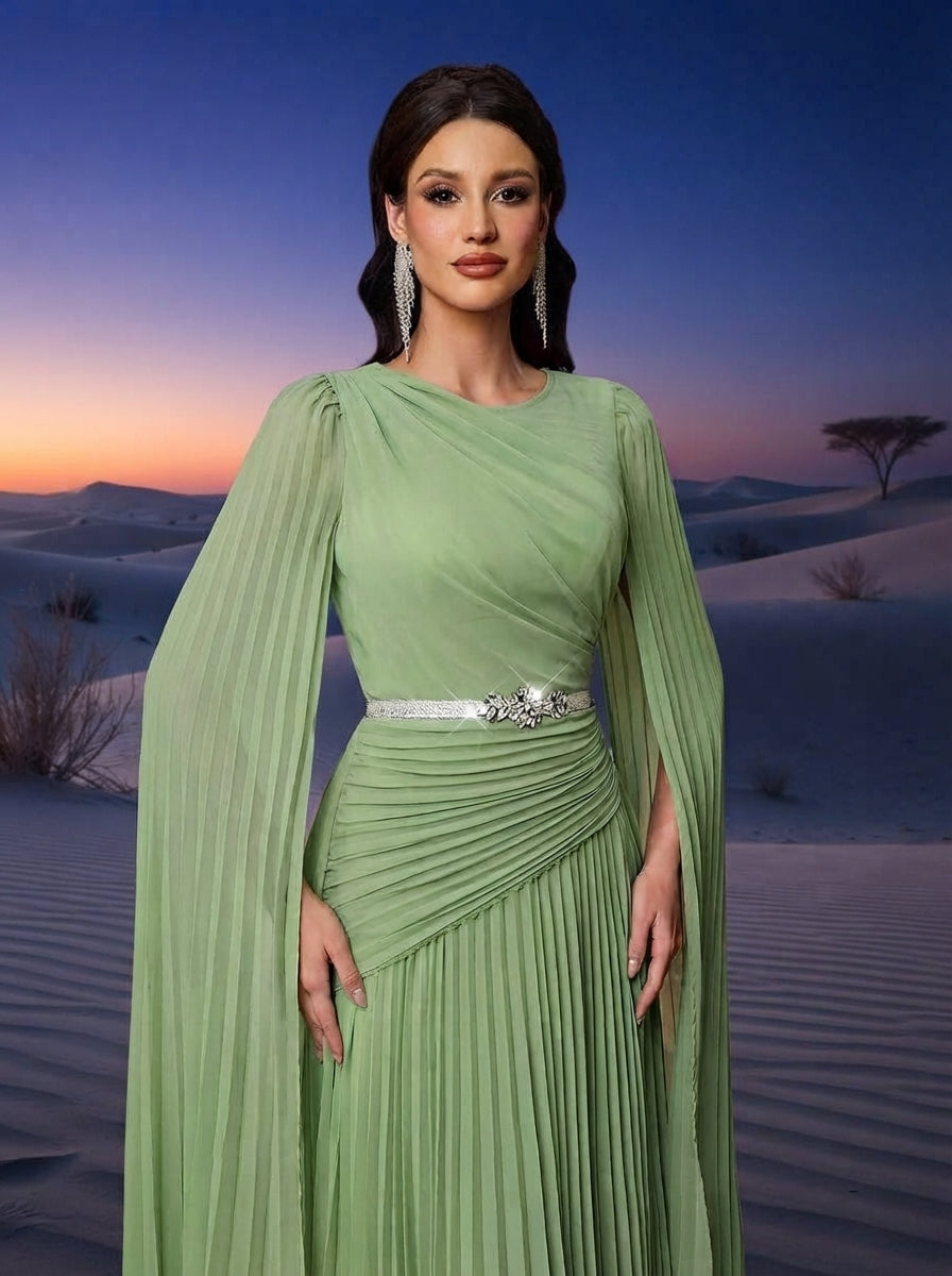 SDE3268 Blue Chiffon Pleated Evening Gown with Detachable Silver Belt
