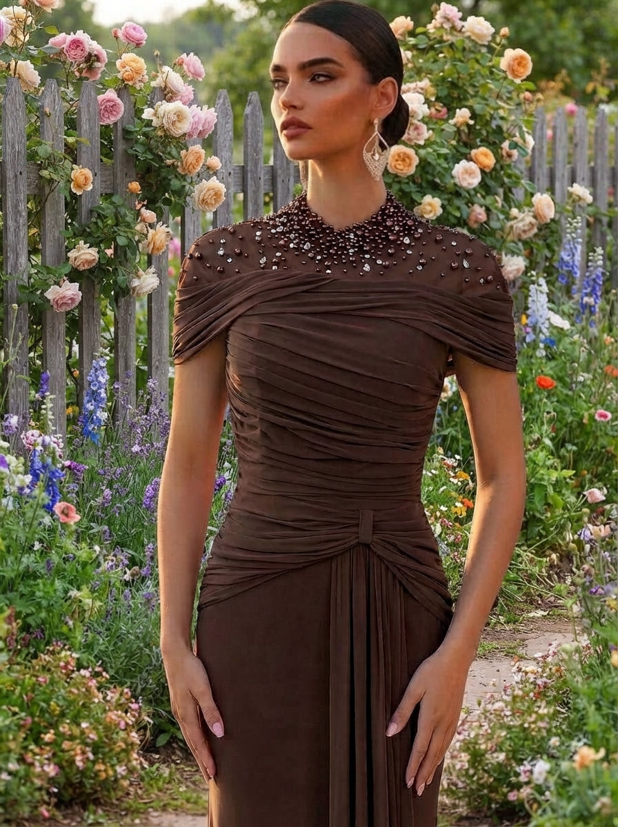 SDE3269 Luxury Diamond Sheer Splice Ruched Fishtail Gown