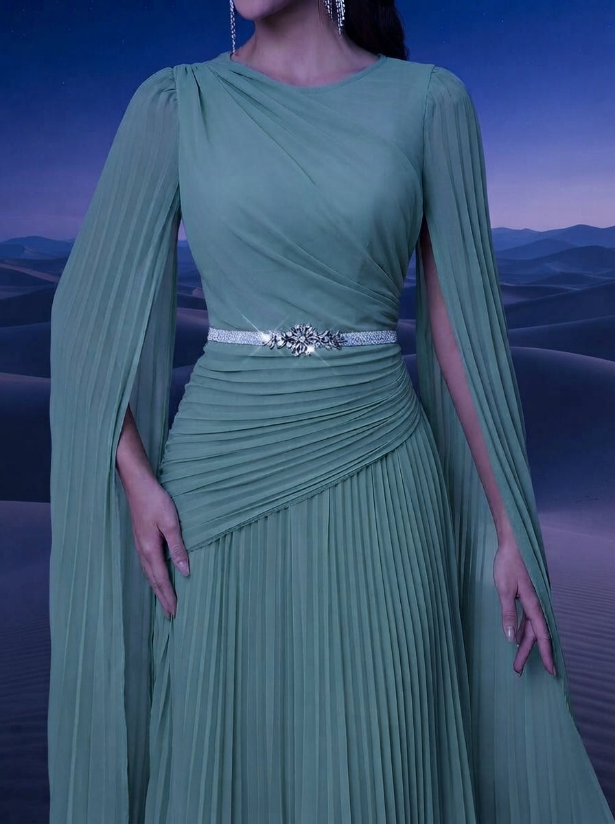 SDE3268 Blue Chiffon Pleated Evening Gown with Detachable Silver Belt