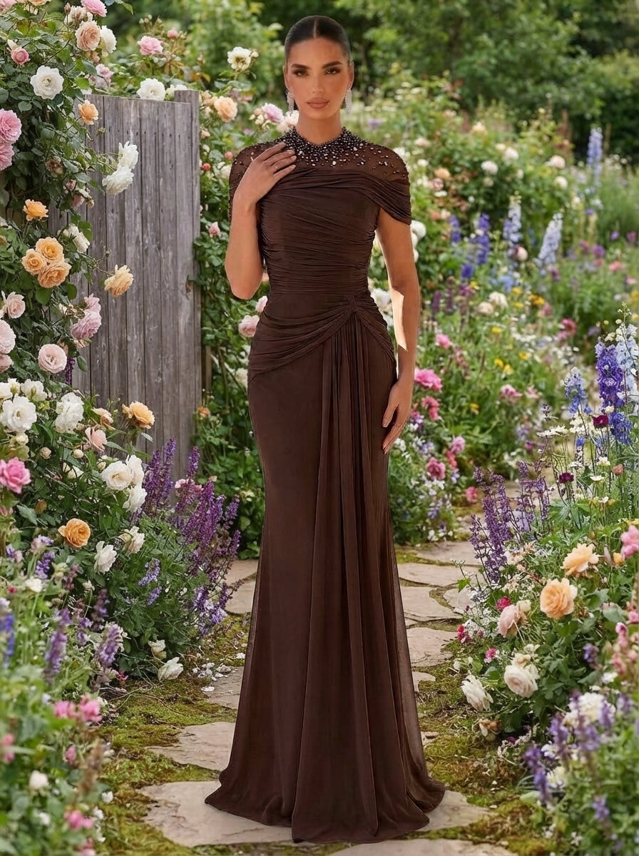 SDE3269 Luxury Diamond Sheer Splice Ruched Fishtail Gown
