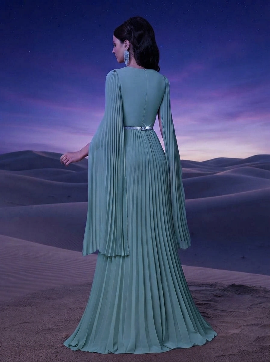 SDE3268 Blue Chiffon Pleated Evening Gown with Detachable Silver Belt