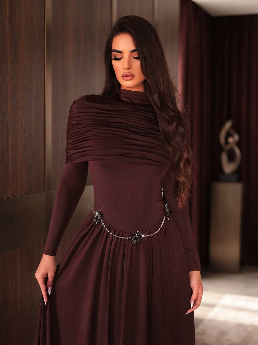 SDE3276 Deep Brown Stretch Knit Off-The-Shoulder Gown with Metallic Embellishments